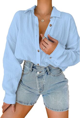 Davenil Women Button Down Shirts Cotton Linen Casual Collar Blouses in Saudi Arabia