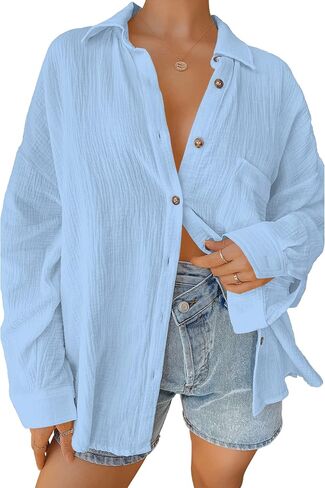 Davenil Women Button Down Shirts Cotton Linen Casual Collar Blouses in Saudi Arabia