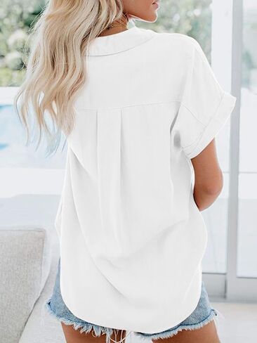 Womens Button Down Casual Shirts Cotton Short Sleeve Blouses Solid Summer Tops with Pocket in Saudi Arabia