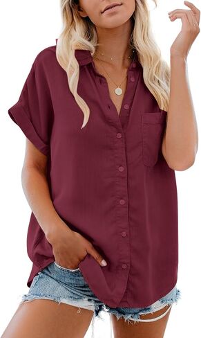 Womens Button Down Casual Shirts Cotton Short Sleeve Blouses Solid Summer Tops with Pocket in Saudi Arabia