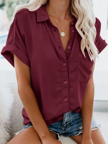 Womens Button Down Casual Shirts Cotton Short Sleeve Blouses Solid Summer Tops with Pocket in Saudi Arabia