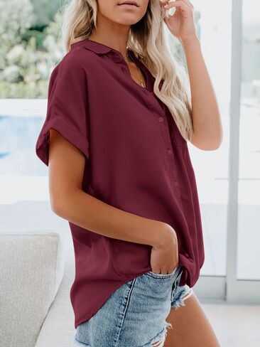 Womens Button Down Casual Shirts Cotton Short Sleeve Blouses Solid Summer Tops with Pocket in Saudi Arabia