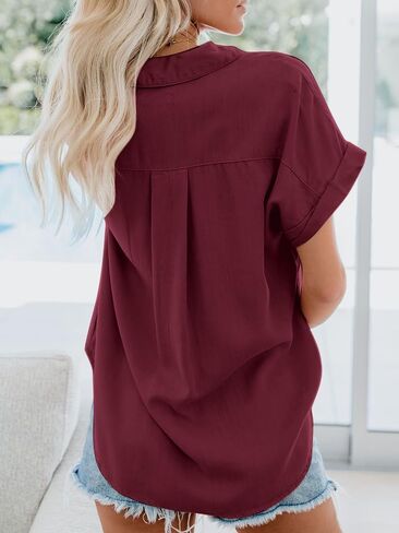 Womens Button Down Casual Shirts Cotton Short Sleeve Blouses Solid Summer Tops with Pocket in Saudi Arabia