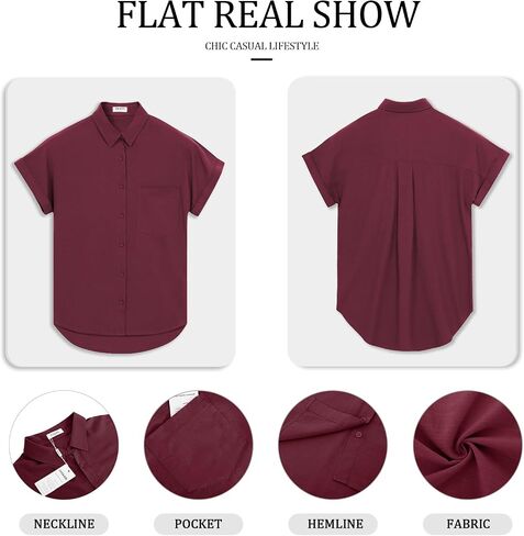 Womens Button Down Casual Shirts Cotton Short Sleeve Blouses Solid Summer Tops with Pocket in Saudi Arabia