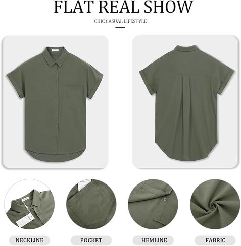 Womens Button Down Casual Shirts Cotton Short Sleeve Blouses Solid Summer Tops with Pocket in Kuwait