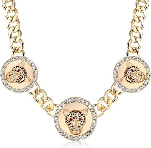 Women's Gold Crystal Leopard Head Necklace Statement Hip Hop Chunky Panther Choker Chain Cocktail Costume Party Jewelry in Saudi Arabia