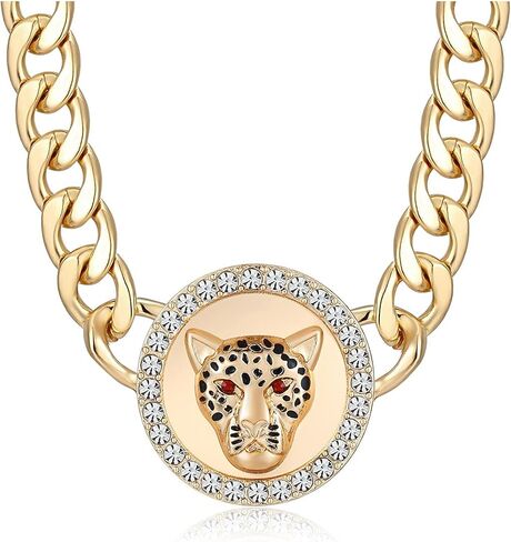 Women's Gold Crystal Leopard Head Necklace Statement Hip Hop Chunky Panther Choker Chain Cocktail Costume Party Jewelry in Saudi Arabia