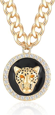 Women's Gold Crystal Leopard Head Necklace Statement Hip Hop Chunky Panther Choker Chain Cocktail Costume Party Jewelry in Saudi Arabia