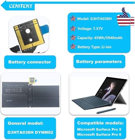 استبدال بطارية G3HTA038H DYNM02 لبطارية Microsoft Surface Pro 5 موديل 1796، وبطارية Surface Pro 6 موديل 1807 12.3 بوصة (45Wh/7.57V/5940mAh) مع أدوات in Kuwait