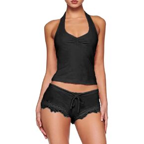 RUEWEY Womens Sleeveless Pajama Sets Halter Neck Backless Crop Top and Lace Trim Shorts Matching 2 Piece Lounge Set PJ Set