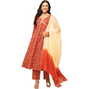 Women's Red Cotton Bandhani Print A-line Kurta with Pant and Dupatta