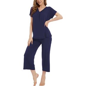 GYS Women's Capri Pajamas Bamboo Viscose Short Sleeve Sleepwear Top with Capri Pants Pjs Set