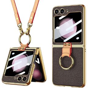 Phone Case for Samsung Galaxy Z Flip 3 5G Ultra-Thin Back Cover Screen Protector with Ring Holder & Adjustable Strap - Black
