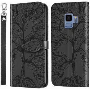 MEUPZZK Wallet Case for Samsung Galaxy S9, Embossed Tree Premium PU Leather [Folio Flip][Kickstand][Card Slots][Wrist Strap][5.8 inch] Phone Cover for Samsung Galaxy S9 (R-Rose)