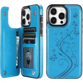 Vaburs Compatible with iPhone 15 Pro Max Case Wallet with Card Holder,Embossed Butterfly Pattern PU Leather Double Buttons Flip Protective Shockproof Cover for Magnetic Car Mount 6.7 Inch (Purple)