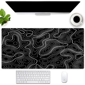 Black Topographic Map Desk Mat Abstract Art Desk Pad Large Gaming Mouse Pad with Stitched Edges Extended XL Full Desk Keyboard and Mouse Mat Laptop Computer Desktop Pad Desk Decor 31.5''X15.7''