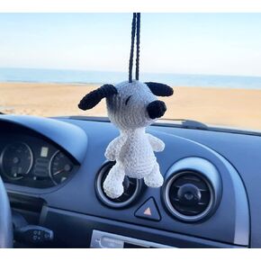White Dog Handmade Crochet Car Rear View Mirror Holder, Hanging Accessories Ornaments Charm Decor, A Gift for Dog Lovers.