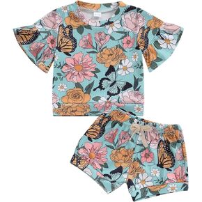 Emmababy Daisy Print Baby Girl Clothes Floral Shirt Short Sleeve Ribbed Tops Toddler Knit Shorts Set Infant Summer Outfits