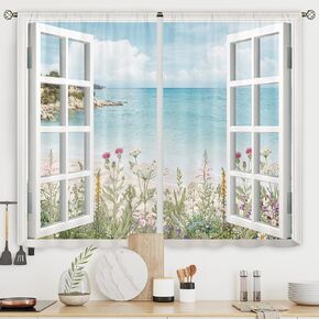 Riyidecor Ocean Beach Coastal Kitchen Curtains Short Small Hawaiian Floral Scenery Wildflower Plant Rod Pocket White Wooden Window Seascape Bedroom Living Room Treatment Fabric 2 Panels 27.5Wx39H Inch