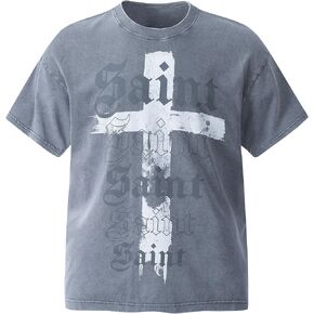 Men's Cross Pattern &Saint Letter Print T-Shirt Oversized Washed Cotton Casual Hip Hop Short Sleeve
