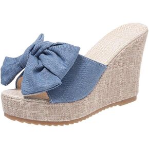 Bow Wedge Sandals for Women Platform Sandals Slides Open Toe Slip On Casual Summer Mules High Heels