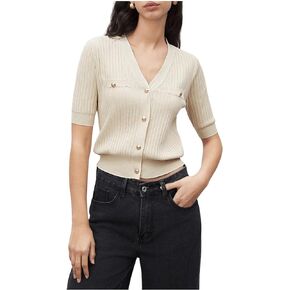 Verdusa Women's Button Front Knit Pullover Short Sleeve V Neck Sweater Tops