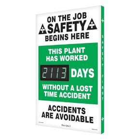 Accuform SCK113 Aluminum Digi-Day Electronic Safety Scoreboard, ON The Job Safety Begins HERE - Days Without A Lost TIME Accident - Accidents are AVOIDABLE"