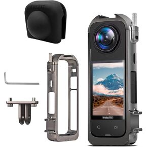 Aluminum Frame Cage for Insta360 X4, Protective Case for Insta 360 X4, with 1/4" Threads, Cold Shoe Mount, Folding Fingers, Silicone Lens Cap