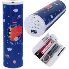 Lockable Pencil Case with Calculator, Standing Cylinder Shape, Multifunctional Password Lock Pen Box, Locking Desk Organizer, Cute Patterns for Girls, Boys, Kids, School Supplies(Strawberry)