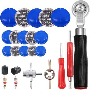 70PCS Tire Patches Kit Heavy Duty, Inner Tube Patch Kit, Include Tire Patch Roller,Rubber Repair Patches, Valve Core, 4-Way Valve Tool, Valve Core Wrench, Valve Core Removal Tool with Tire Valve Caps