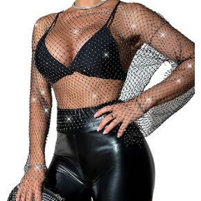 OBEEII Women Rhinestone Mesh Top Long Sleeve Crystal Crop Top Sparkly See Through Shirt Rave Party Clubwear