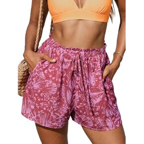 CUPSHE Women's Bathing Suit Cover Up Shorts High Waist Swimsuit Bottom with Pocket Floral Beachwear Drawstring Pants