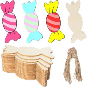 Wooden Candy Shape Unfinished Wood Candy Pieces Blank Wood with Twines Art Ornaments for Christmas Wedding Birthday Party Thanksgiving Day Decoration 20Pcs