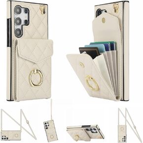 Crossbody Wallet Case for Samsung S24 Ultra, RFID Blocking Wrist Strap Flip Case for Women Men, PU Leather Protective Kickstand Card Holder Phone Case for Galaxy S24 Ultra 6.8"-Beige