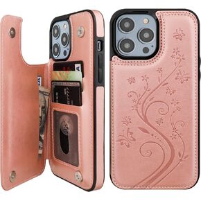 Vaburs Compatible with iPhone 14 Pro Max Case Wallet with Card Holder,Embossed Butterfly Pattern PU Leather Double Buttons Flip Protective Shockproof Cover for Magnetic Car Mount 6.7 Inch (Rose Gold)