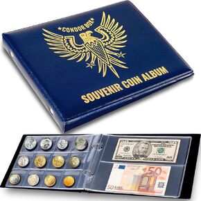 3in1 Coin Collection Holder Classic Album 190 Pockets - Paper Money Collector - Large Storage Book Organizer Display for Gold Silver Dollars Dollar Bill Currency Quarters Penny Foreign Coins (Blue)