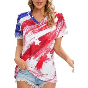 CM-Kid 4th of July Patriotic Shirt for Women American Flag Clothing Summer V Neck Short Sleeve USA Outfit Tee Top
