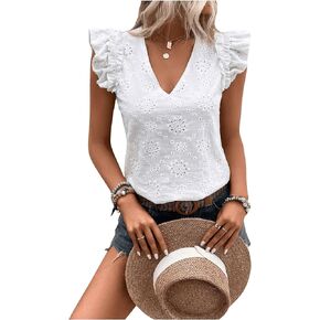 Women's Casual Eyelet Embroidery Cap Sleeve V Neck Ruffle Trim Regular Fit Blouse Shirts Top