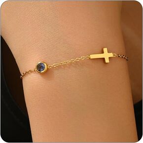 Birthstone Bracelets for Women Dainty 18K Gold Plated Cross Birthstone Bracelets Simple Cubic Zircon Adjustable Bracelet Christian Jewelry Gifts