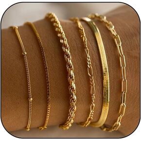 6Pcs Chunky Stackable Geometric Bracelets Set for Women,14K Gold Snake Bone Chain Twisted Bracelets Dainty Heart Star Leaf Thin Link Chain Bracelets