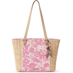 Sakroots Meadow Synthetic Straw from Recycled Materials, Uncoated Cotton Canvas Tote, Rose in Bloom