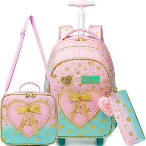 Meetbelify Kids Backpacks with Wheels for Girls Rolling Backpack with Lunch Box for Elementary Students Carry on Backpack Travel Suitcase Trip Luggage for Girls Ages 6-8