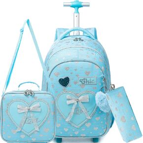 Meetbelify Kids Backpacks with Wheels for Girls Rolling Backpack with Lunch Box for Elementary Students Carry on Backpack Travel Suitcase Trip Luggage for Girls Ages 6-8