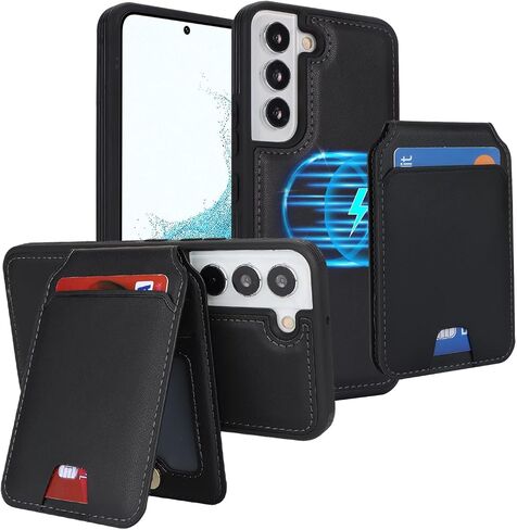 Samsung Galaxy S22 case with Credit Card Holder mag Safe, Galaxy S22 Phone Leather Case Wallet for Women Compatible mag Safe Wallet Detachable 2-in-1 for Men-Black in Saudi Arabia
