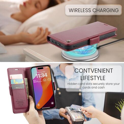 Wallet Case for Apple iPhone 15 Pro Phone Case with Purse Card Holder RFID Blocking Stand Folio Book Folding Flip Case Leather Cover Men Women Shockproof - Burgundy in Saudi Arabia