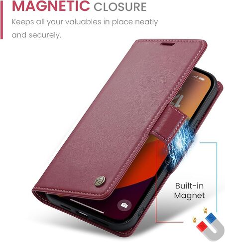 Wallet Case for Apple iPhone 15 Pro Phone Case with Purse Card Holder RFID Blocking Stand Folio Book Folding Flip Case Leather Cover Men Women Shockproof - Burgundy in Saudi Arabia