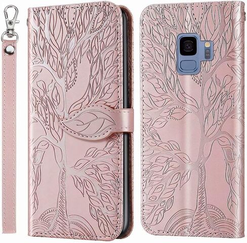 MEUPZZK Wallet Case for Samsung Galaxy S9, Embossed Tree Premium PU Leather [Folio Flip][Kickstand][Card Slots][Wrist Strap][5.8 inch] Phone Cover for Samsung Galaxy S9 (R-Rose) in Saudi Arabia