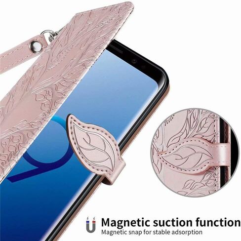 MEUPZZK Wallet Case for Samsung Galaxy S9, Embossed Tree Premium PU Leather [Folio Flip][Kickstand][Card Slots][Wrist Strap][5.8 inch] Phone Cover for Samsung Galaxy S9 (R-Rose) in Saudi Arabia