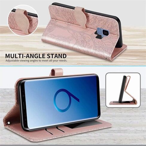 MEUPZZK Wallet Case for Samsung Galaxy S9, Embossed Tree Premium PU Leather [Folio Flip][Kickstand][Card Slots][Wrist Strap][5.8 inch] Phone Cover for Samsung Galaxy S9 (R-Rose) in Saudi Arabia