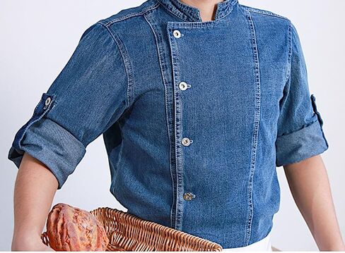 Unisex Denim Roll Up Long Sleeve Chef Coat, Button Down Chef Jacket, Kitchen & Restaurant Work Uniform in Saudi Arabia